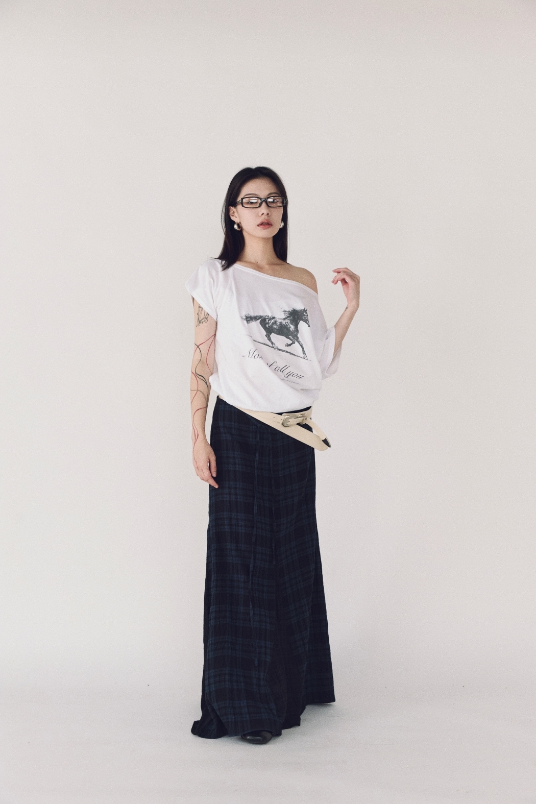 格紋綁帶傘狀長裙