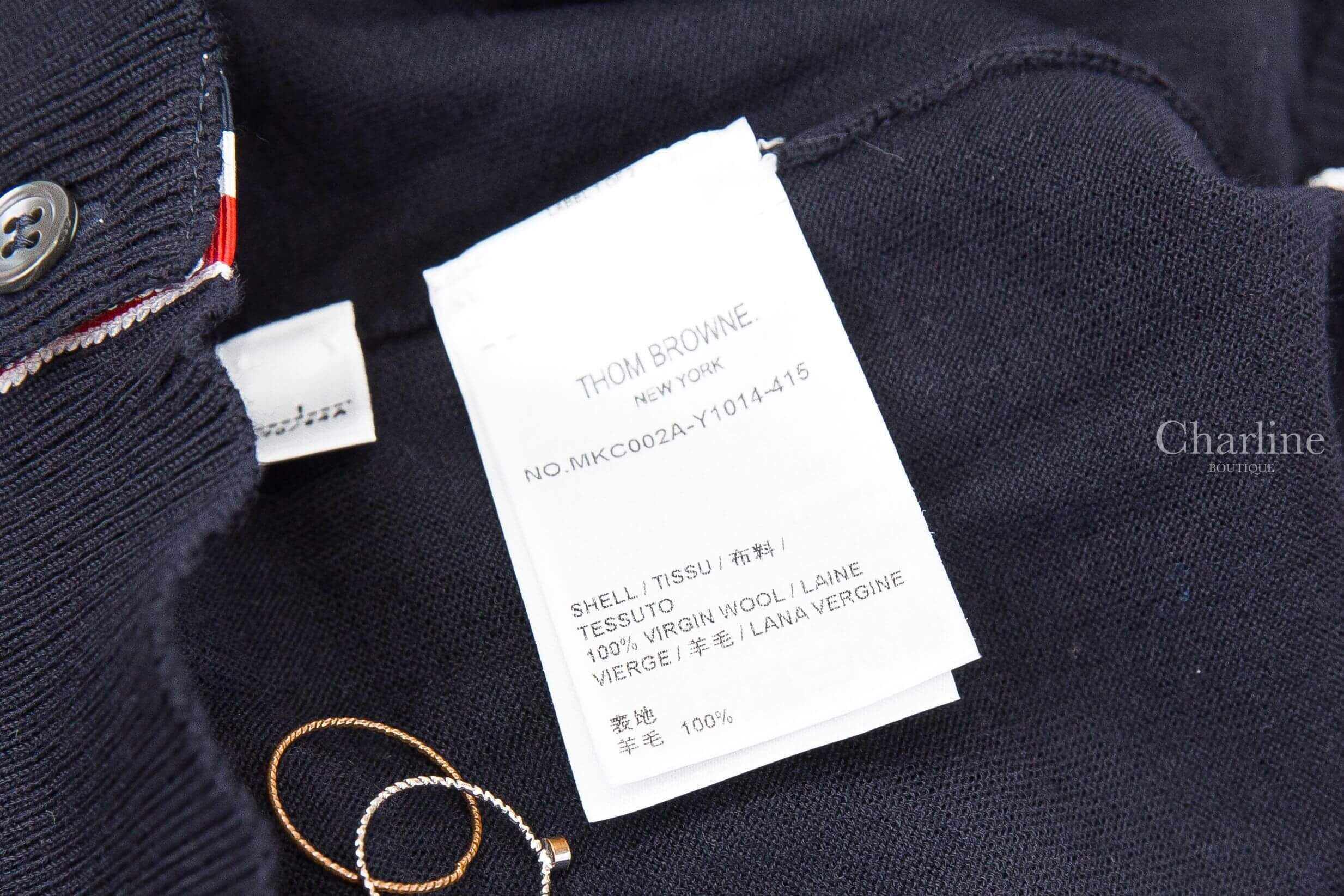 Thom Browne Merino Wool 4-bar Classic V-neck Cardigan 深藍色側邊白色四條橫紋側邊鈕扣開衩薄款羊毛開襟長袖外套-Charline Boutique 精品代購
