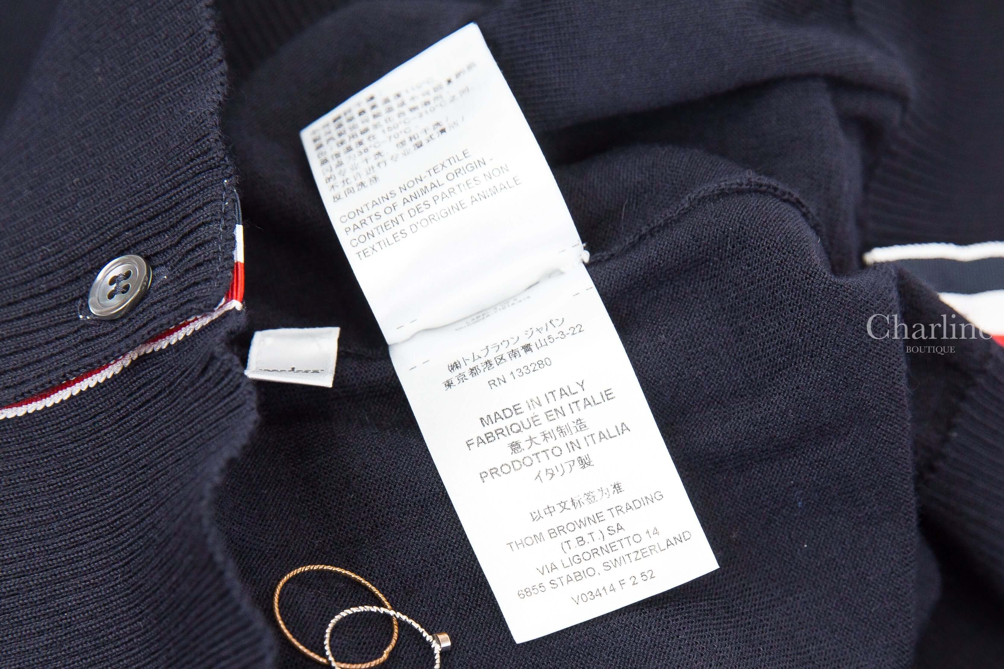 Thom Browne Merino Wool 4-bar Classic V-neck Cardigan 深藍色側邊白色四條橫紋側邊鈕扣開衩薄款羊毛開襟長袖外套-Charline Boutique 精品代購