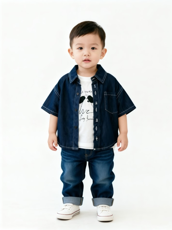 BYC04T061BL  深藍潮童柔軟牛仔短袖恤衫