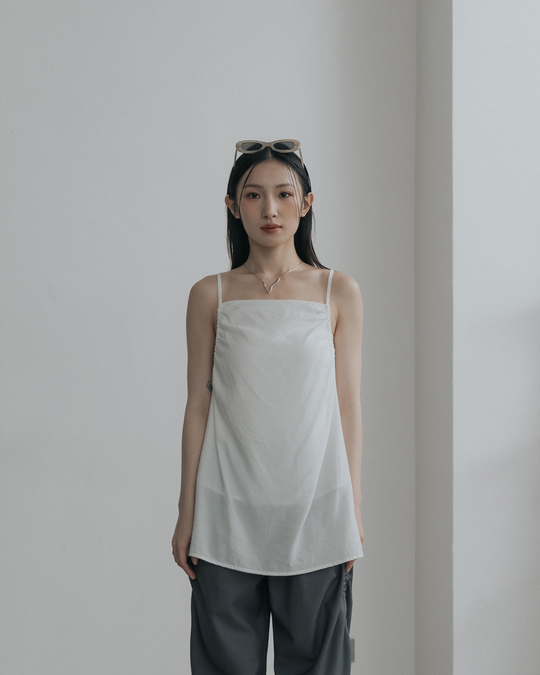 Drawstring strap design spaghetti strap cover-up vest - white【01099626】in stock+pre-order