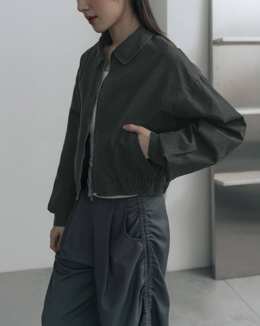 Washed design double-zip lapel coat - dark gray【02071705】in stock+pre-order