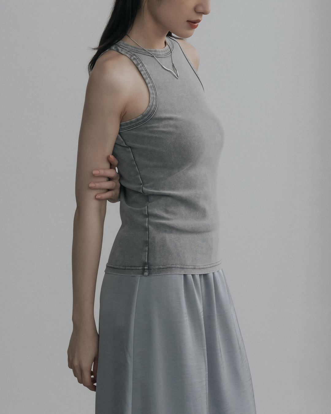 Plain washed shoulder fitted vest - gray S/M【01150476】in stock+pre-order