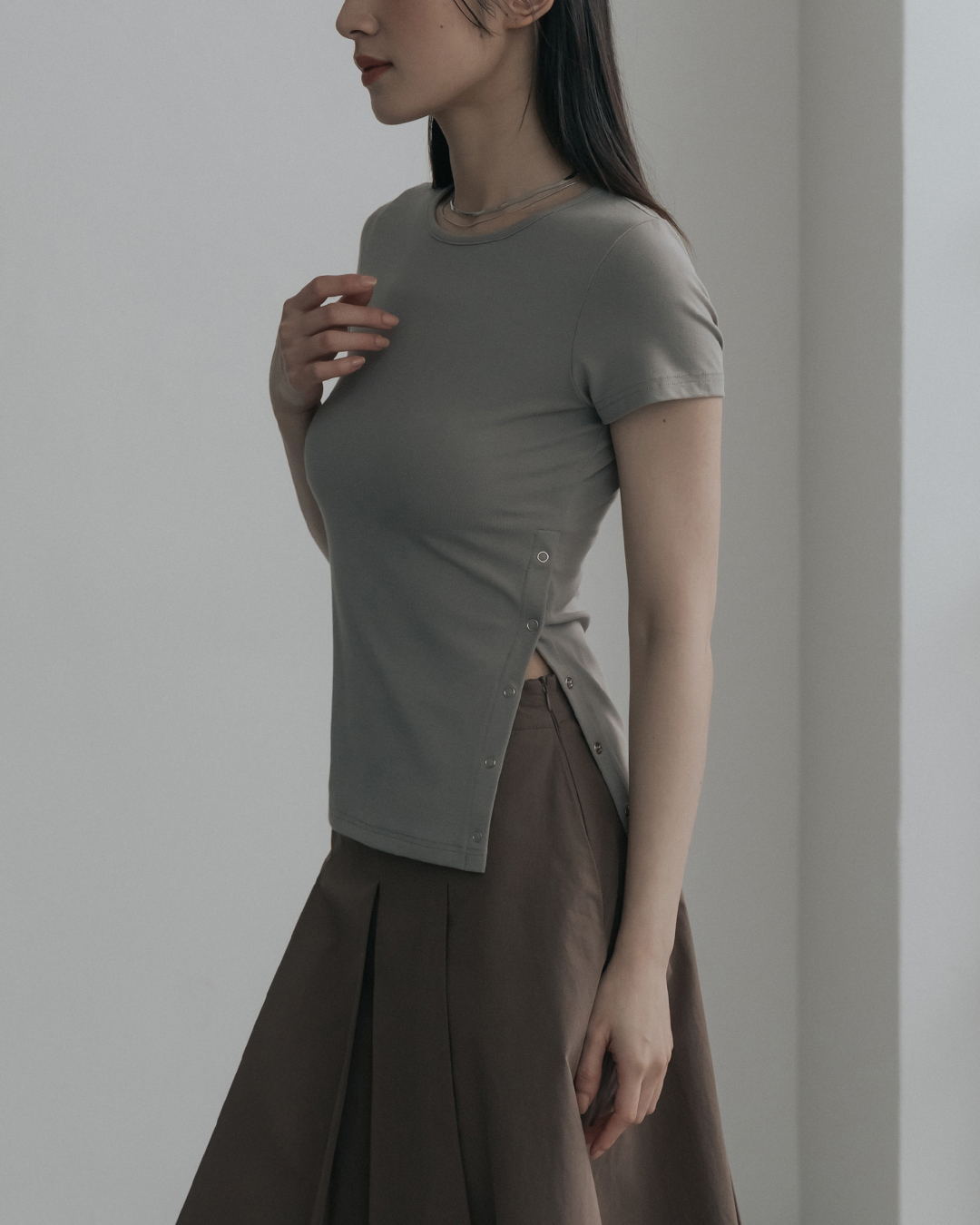 Plain fabric, single-sided snap button design, elastic fitted top - apricot gray【01099548】in stock+pre-order