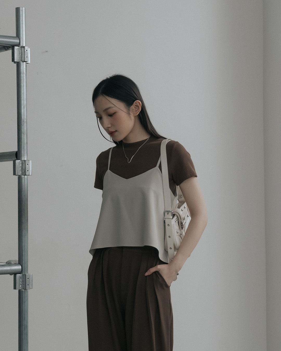 V-neck, irregular hem, spaghetti strap cover-up vest - apricot gray【01099604】in stock+pre-order
