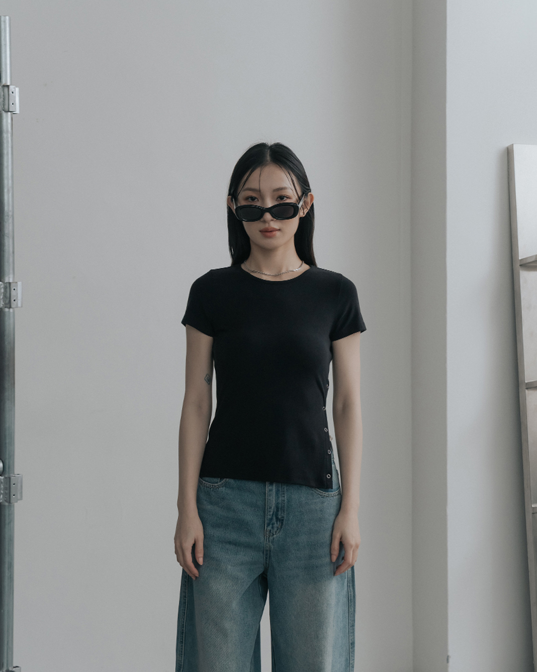 Plain fabric, single-sided snap button design, elastic fitted top-black【01099547】in stock+pre-order