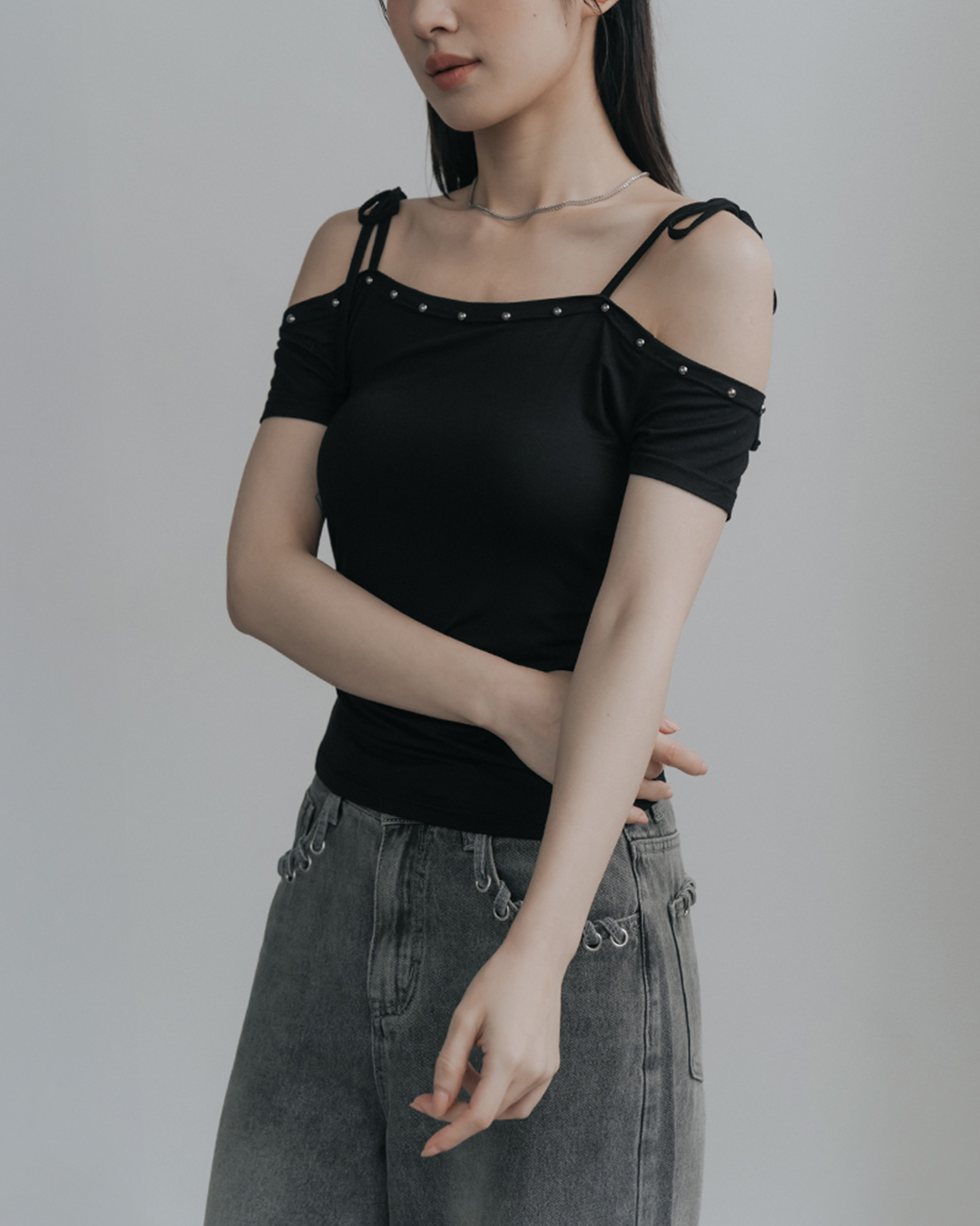 Studded, one-shoulder, lace-up, gathered fitted top - Black【01099543】in stock+pre-order