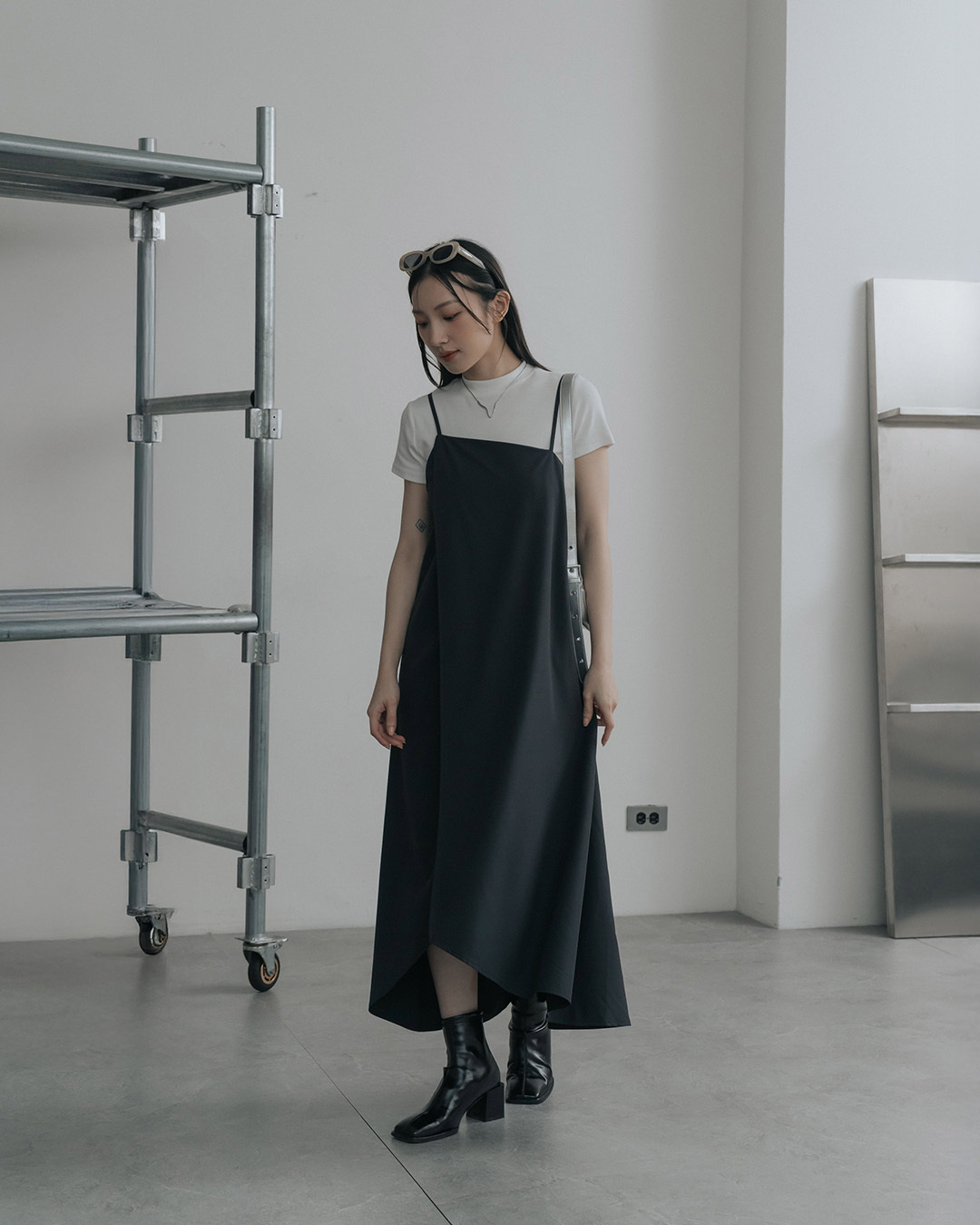 Asymmetrical cut, spaghetti strap long dress - dark gray【01087303】in stock+pre-order