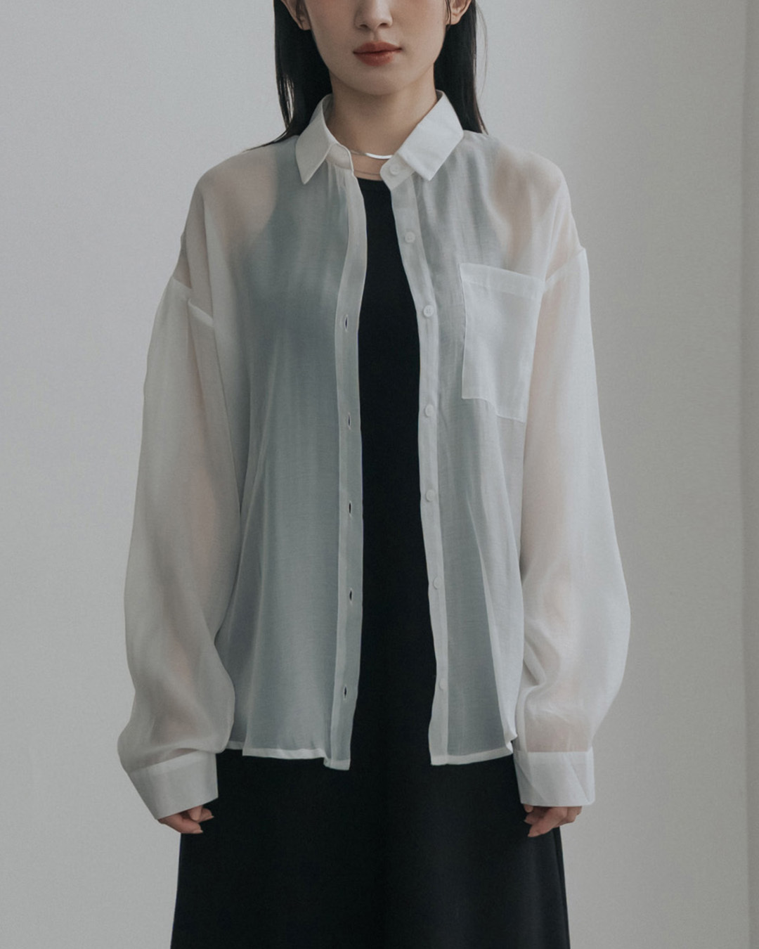 Sheer single-pocket pleated long-sleeved shirt - white【01025774】in stock+pre-order