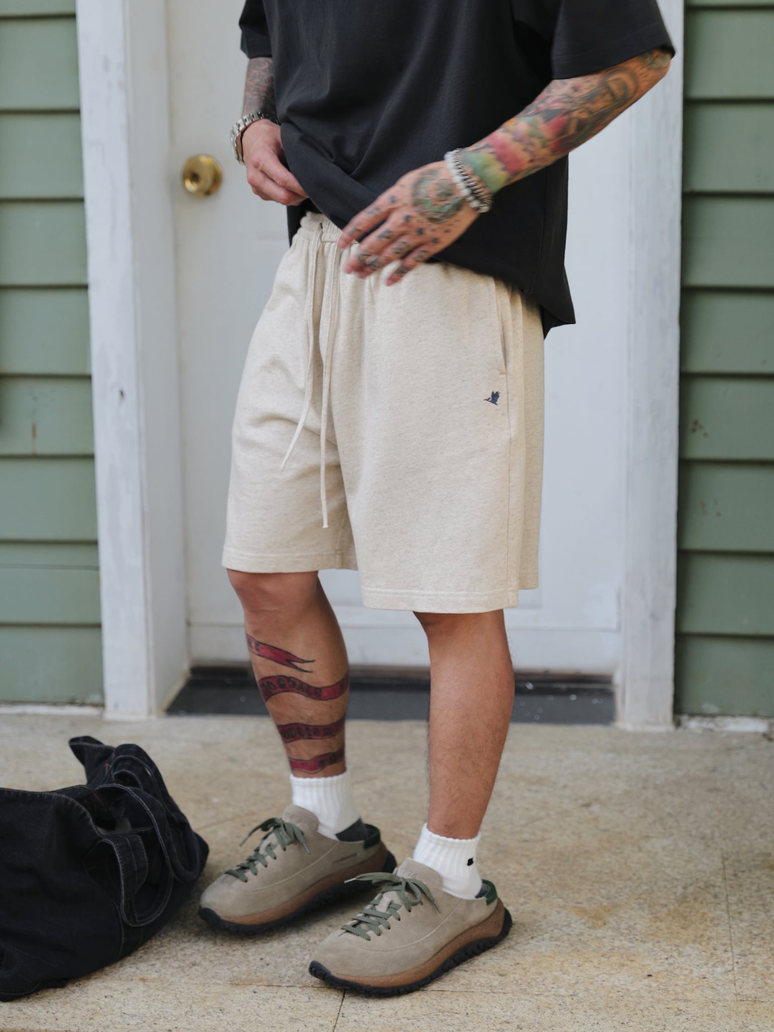 #預購 UNBENT 26SS 老錢風 復古亞麻 飛鵝刺繡 輕薄長抽繩 休閒短褲 寬鬆短衛褲 兩色