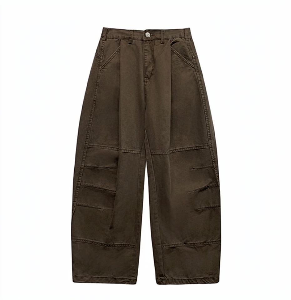 韓國 打摺 切線 耐磨 弧形 工作 長褲 彎刀褲