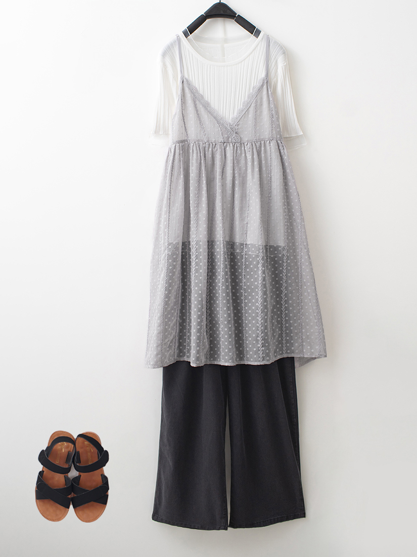 透視蕾絲背心羅紋涼感上衣天絲棉打褶寬褲組合