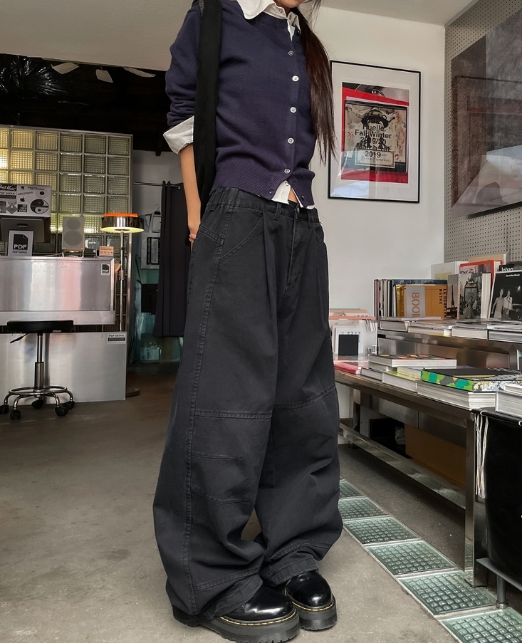 韓國 打摺 切線 耐磨 弧形 工作 長褲 彎刀褲