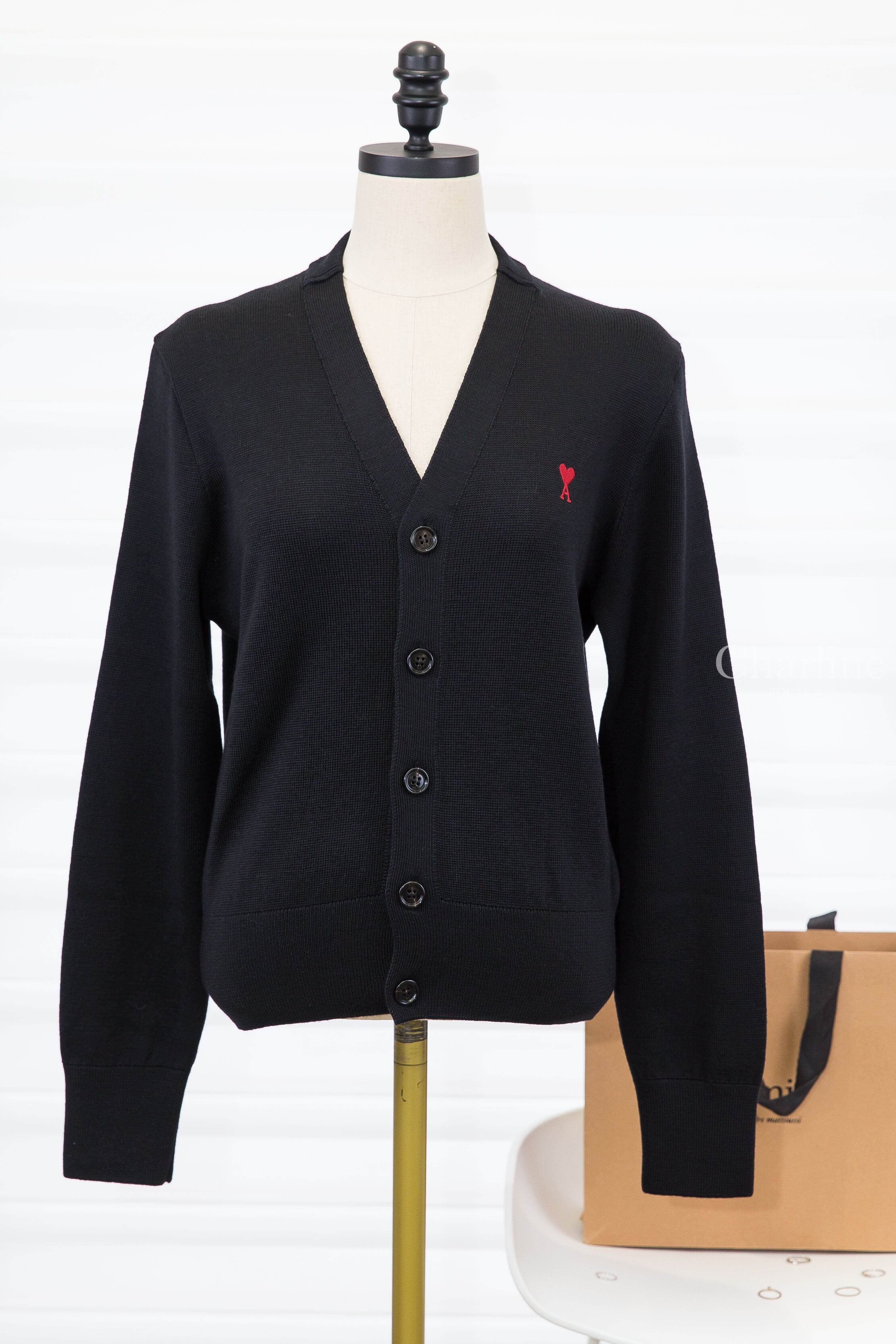 Ami Paris Red Ami De Coeur Cardigan 黑色針織紅色刺繡小愛心羊毛開襟長袖外套