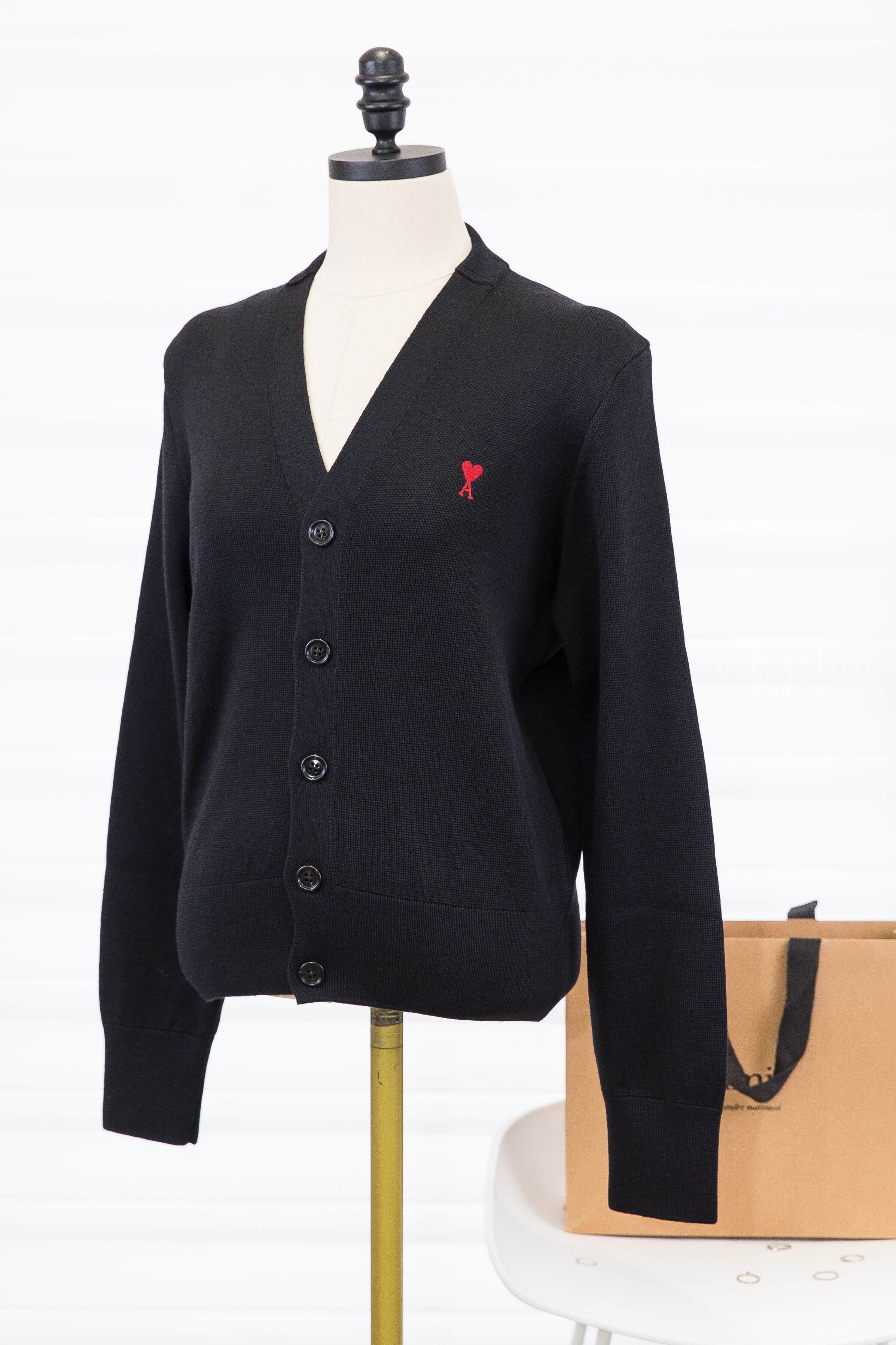 Ami Paris Red Ami De Coeur Cardigan 黑色針織紅色刺繡小愛心羊毛開襟長袖外套-Charline Boutique 精品代購