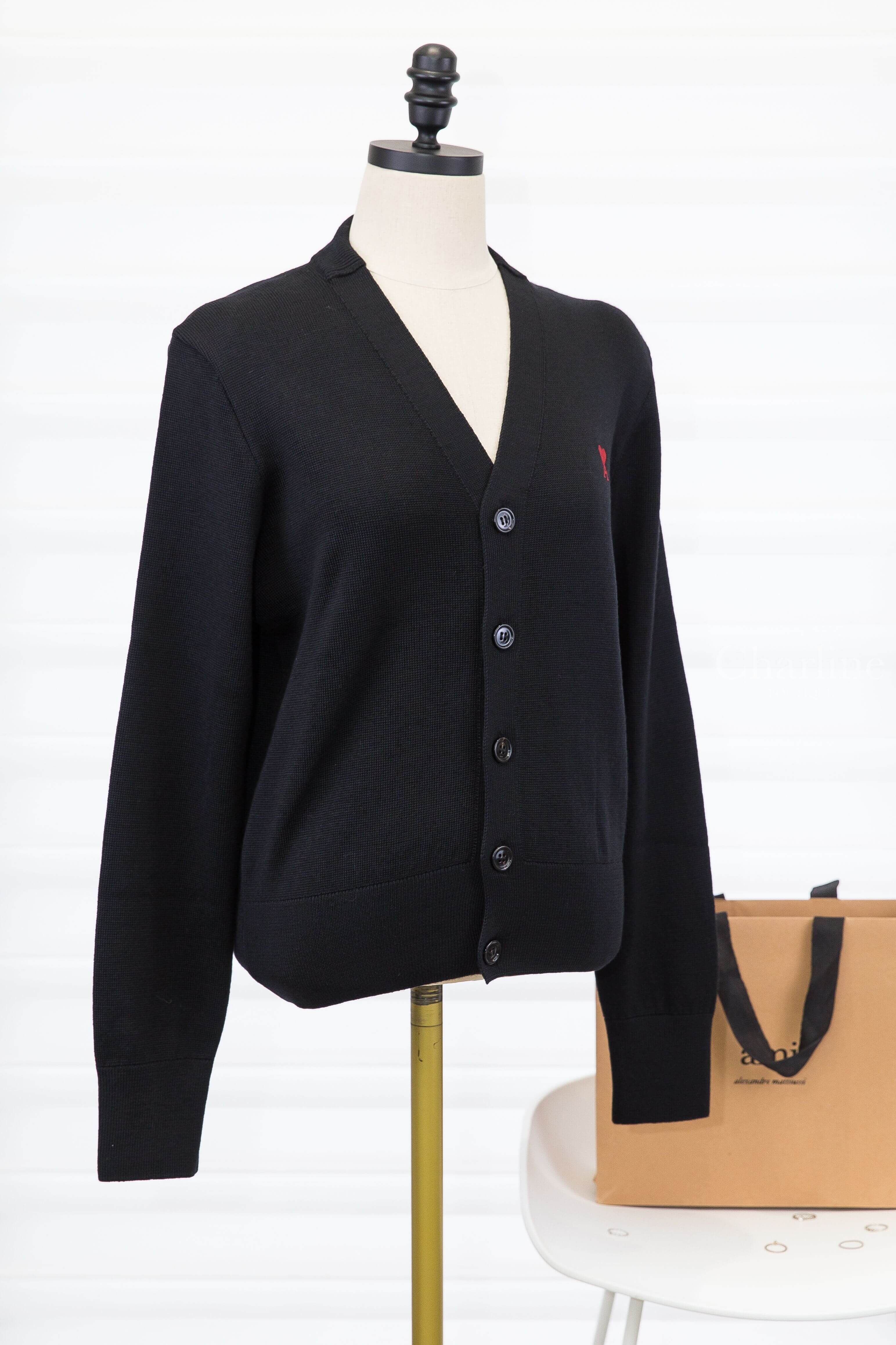 Ami Paris Red Ami De Coeur Cardigan 黑色針織紅色刺繡小愛心羊毛開襟長袖外套-Charline Boutique 精品代購