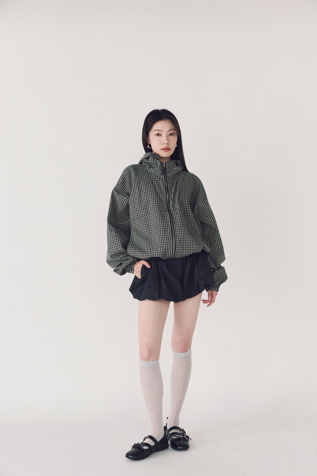 休閒格紋立領連帽外套