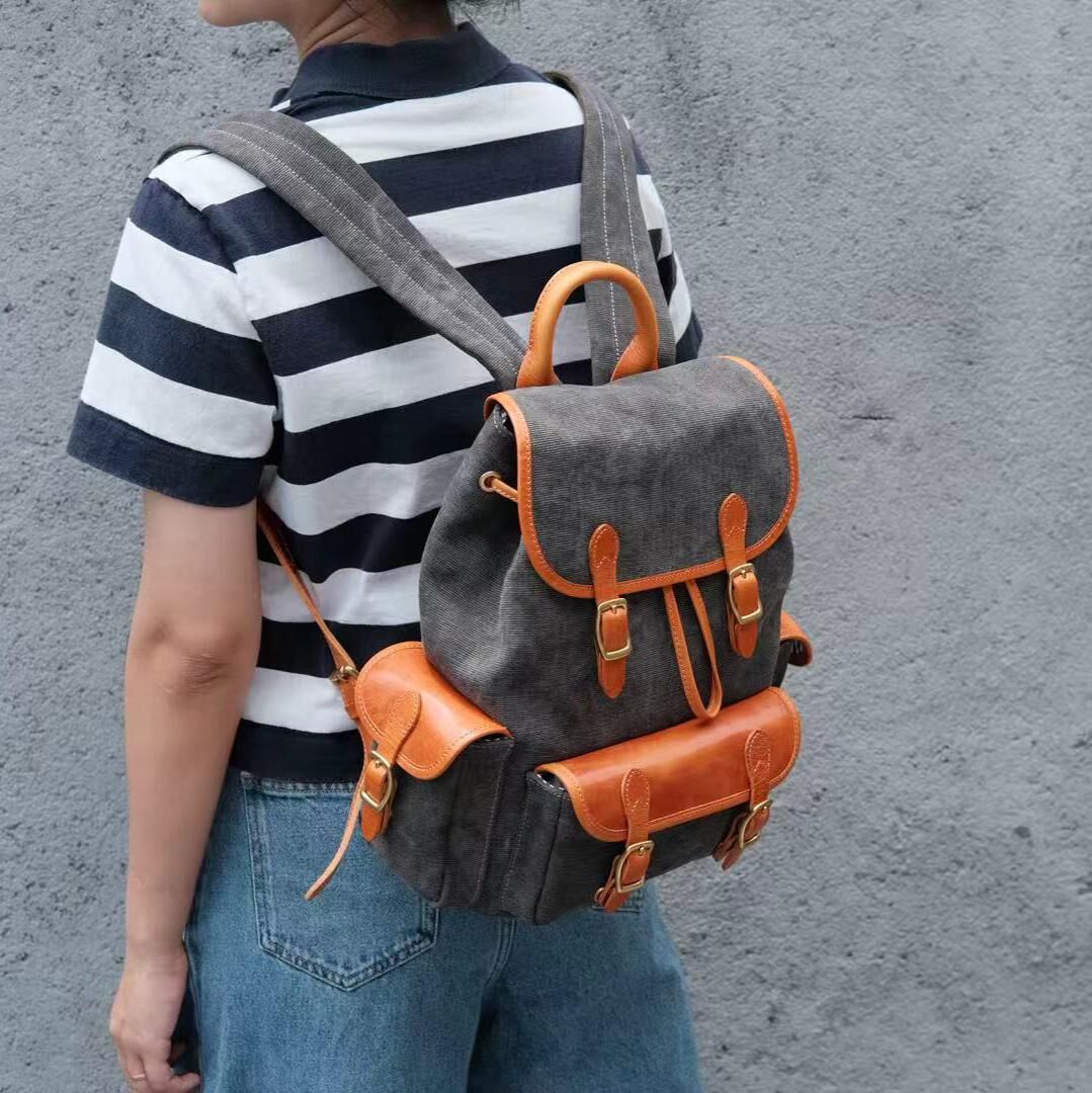 B12-高級帆布植油皮袋 細號）情侶背包 橫紋純棉帆布拼接植鞣頭層