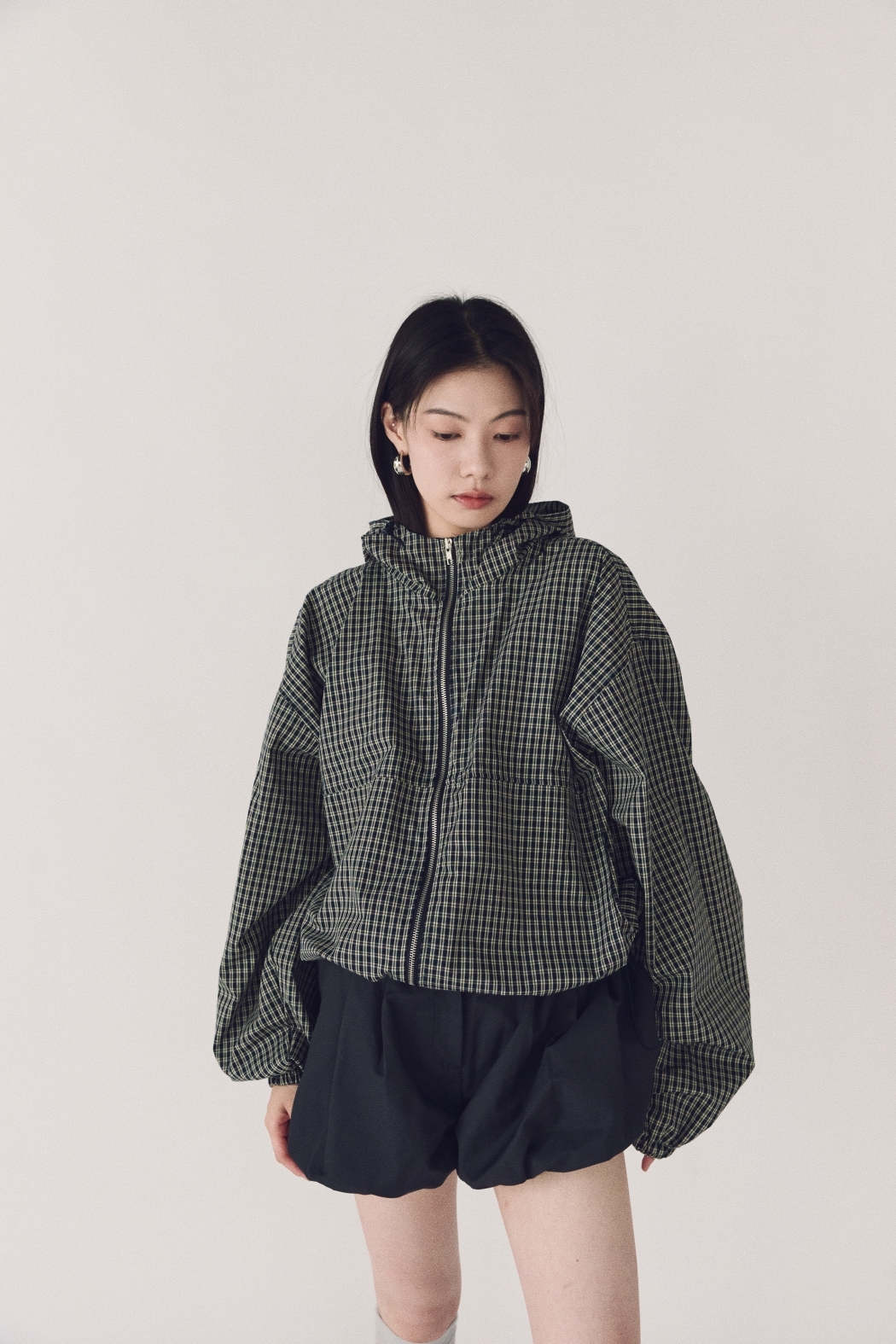 休閒格紋立領連帽外套