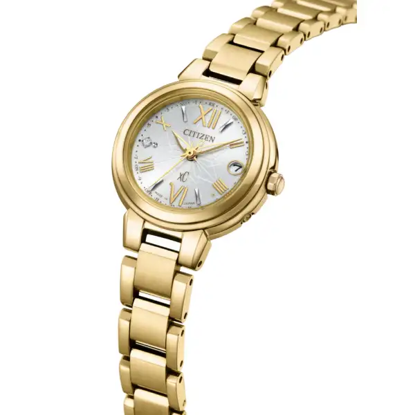 萬年鐘錶 - Citizen 星辰錶  XC   限定款金色萬年曆光動能電波錶  ES9433-56A 錶徑25MM