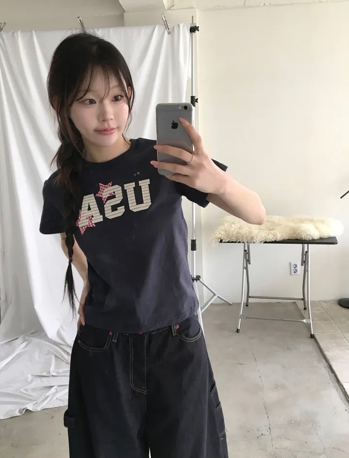 【15.4 完額外95折優惠！首批優惠價預訂】韓國美式復古USA字母星星拼布TEE（3色）