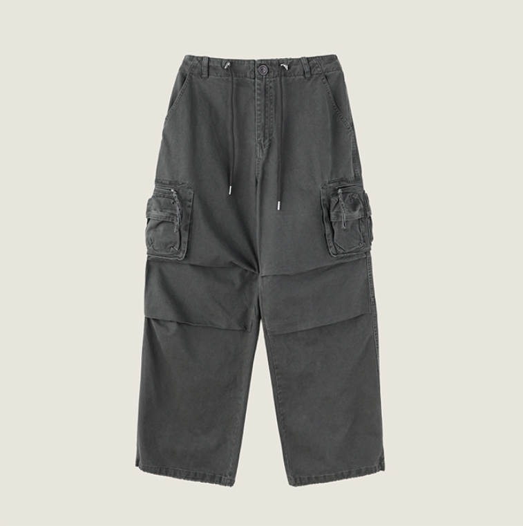 韓國 水洗 多口袋 降落傘 工裝 休閒 長褲