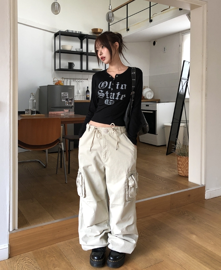 韓國 水洗 多口袋 降落傘 工裝 休閒 長褲