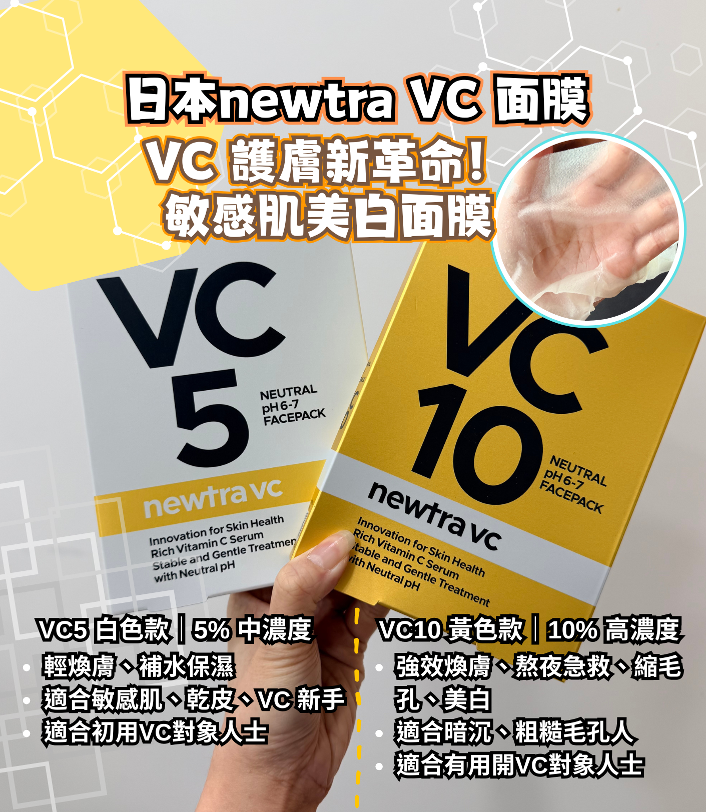 NEWTRA VC面膜 4片 (VC10 黃色款｜10% 高濃度 / VC5 白色款｜5% 中濃度)