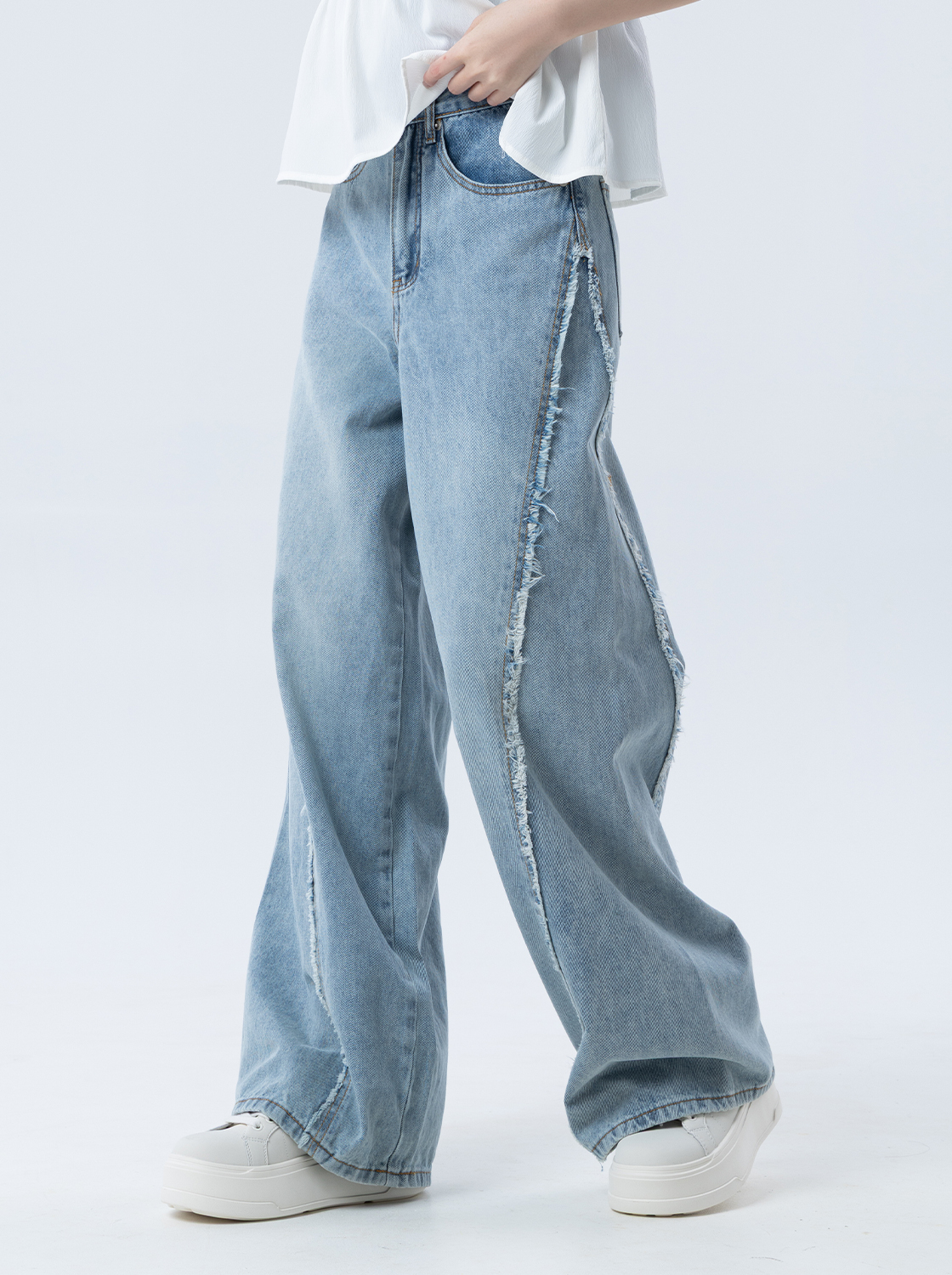 造型毛邊高腰直筒牛仔寬褲