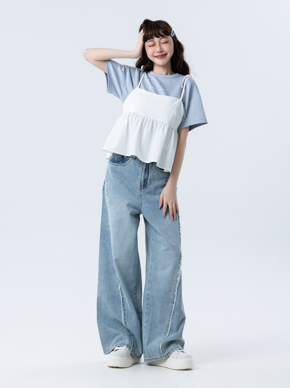 造型毛邊高腰直筒牛仔寬褲