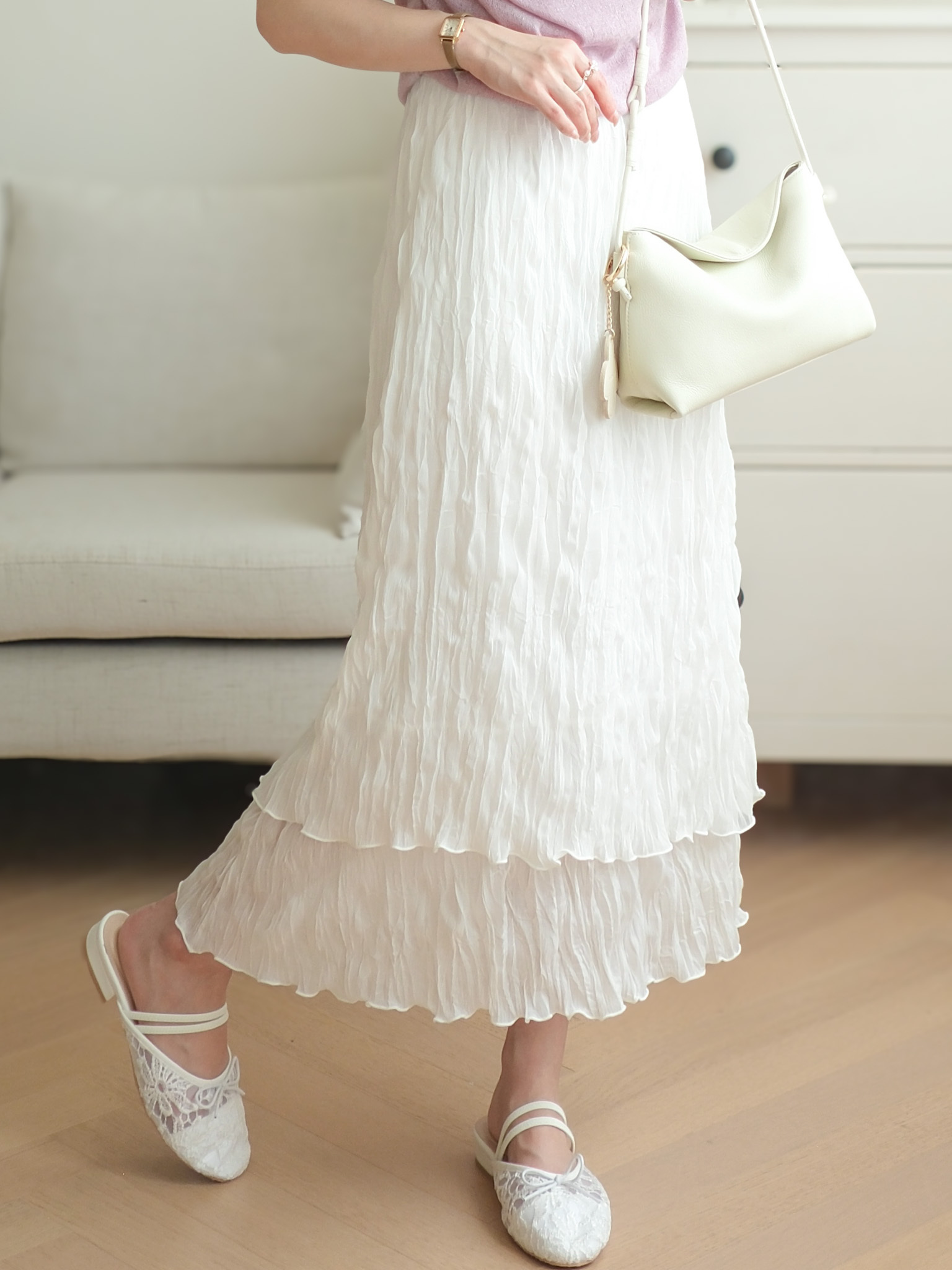 百搭雙層輕盈皺皺雪紡裙 (純白/黑) BT476