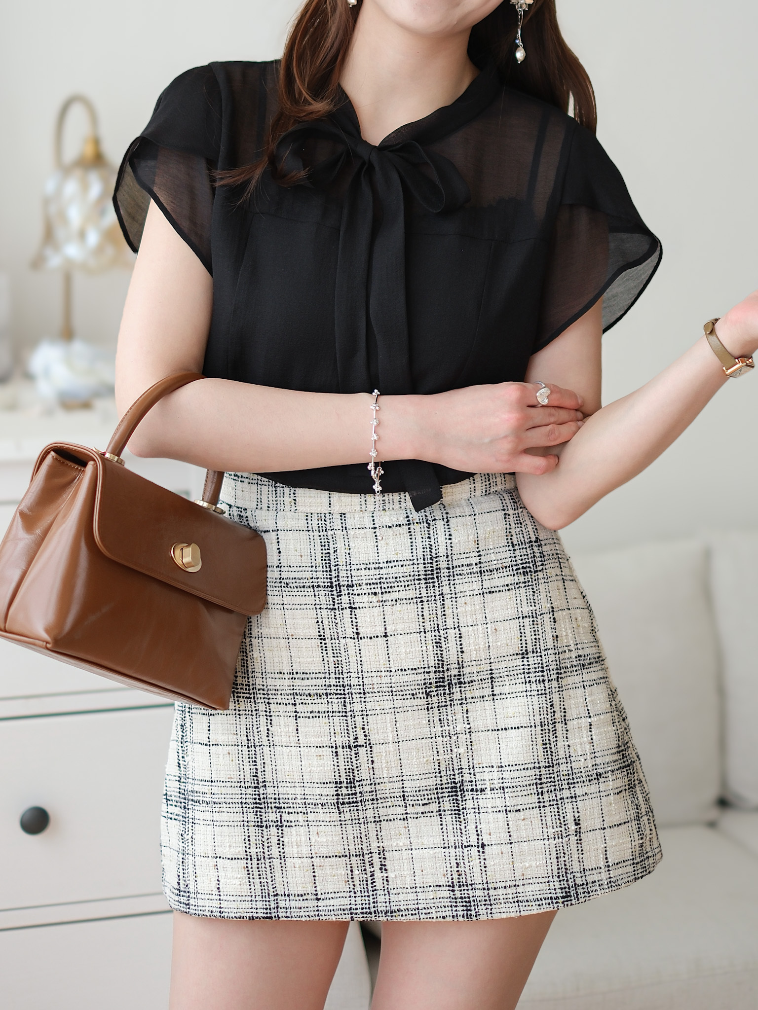 經典黑白編織格紋高腰短裙 BT477