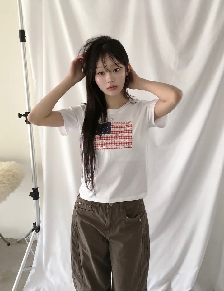 【15.4 完額外95折優惠！首批優惠價預訂】韓國美式復古國旗拼布短袖TEE（3色）