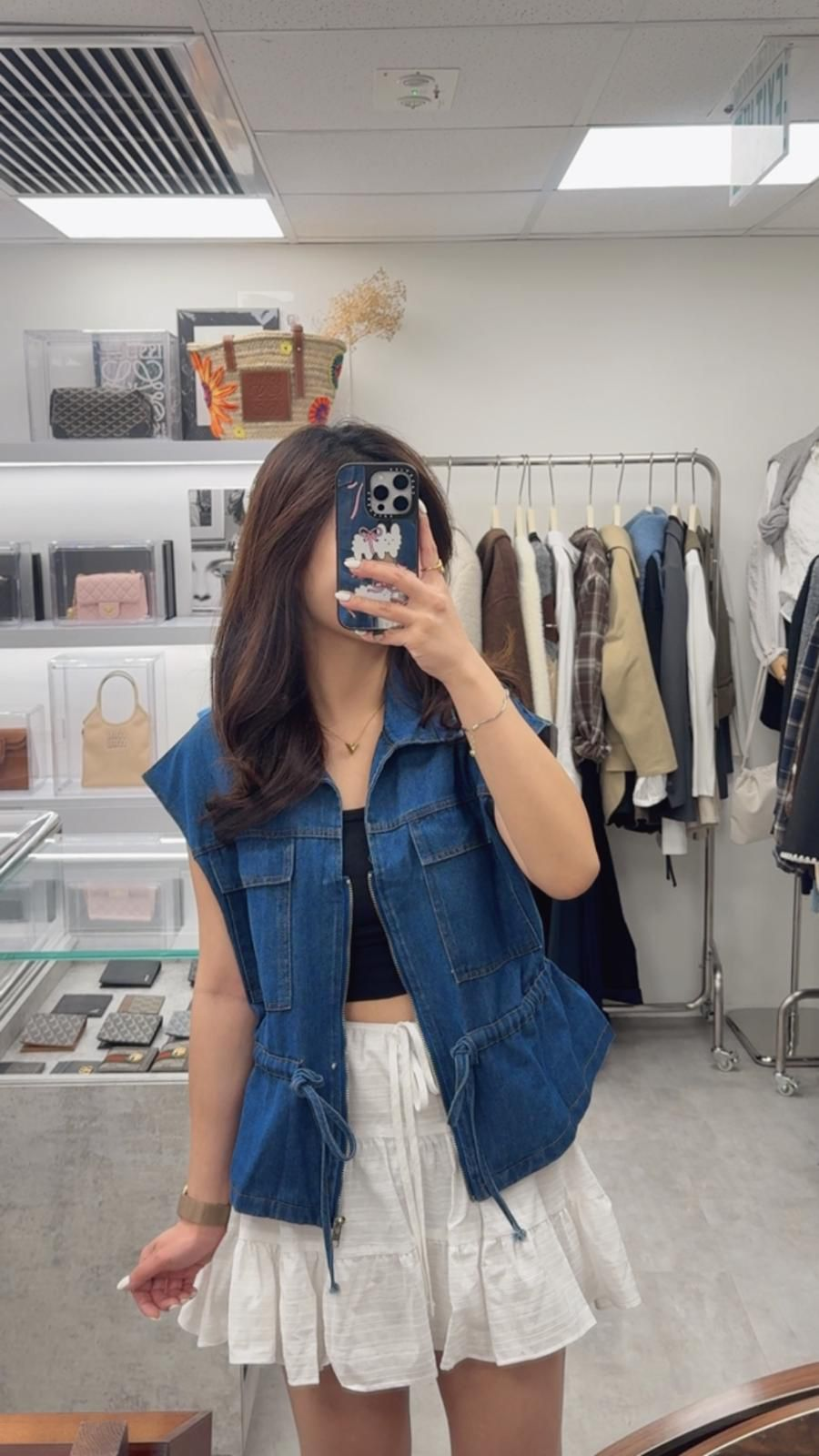 雙口袋束腰牛仔背心(深藍色)