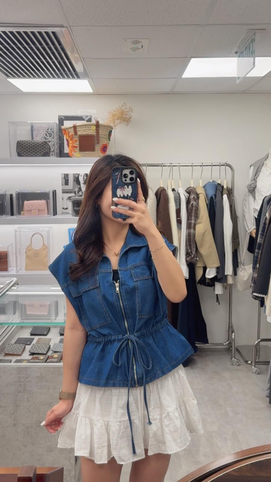 雙口袋束腰牛仔背心(深藍色)