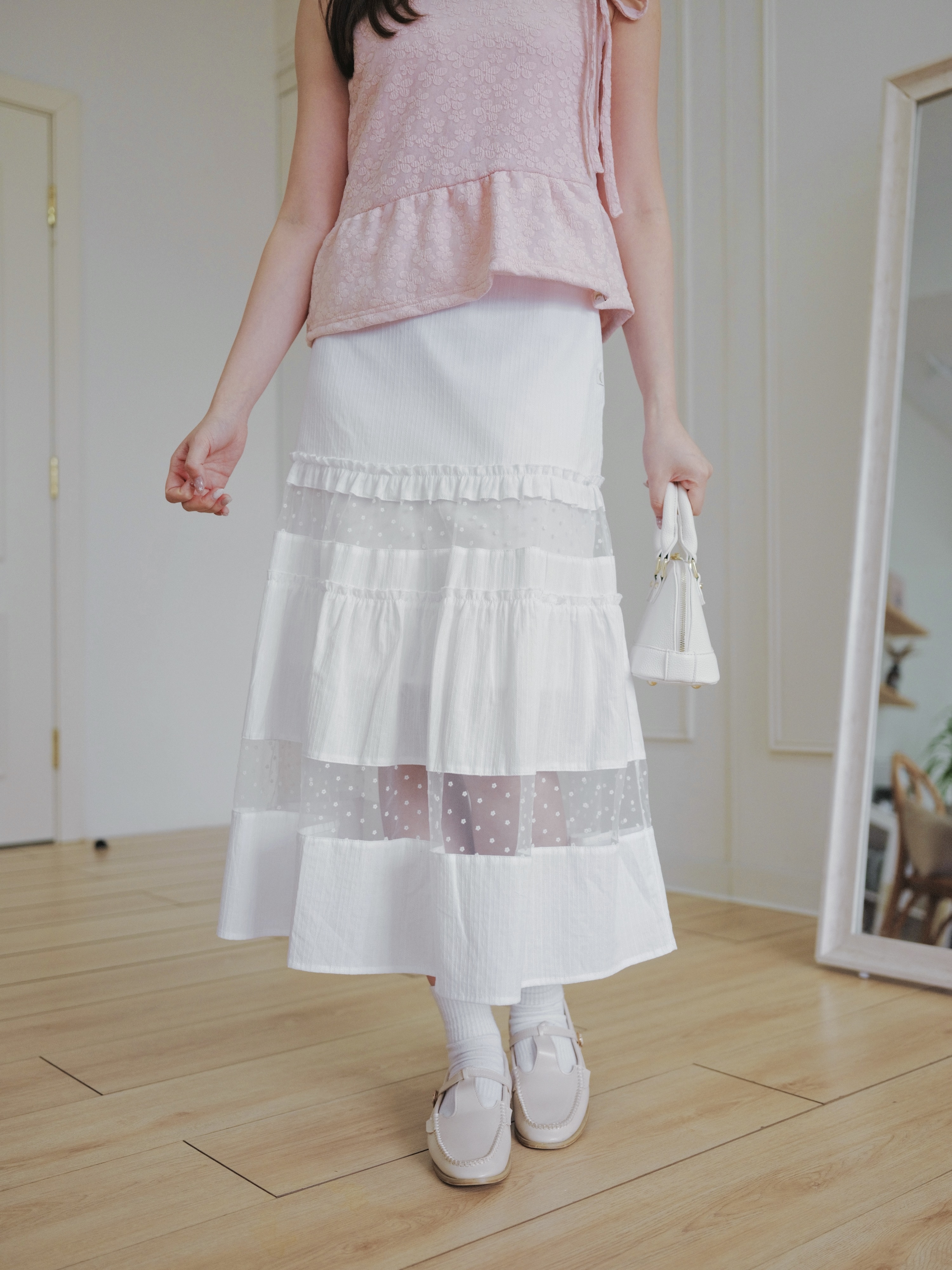 三色 / 小花透明間層蛋糕裙 / Dotted Floral Tulle Tiered Skirt