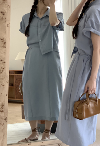 YD028 REFRESH 簡約斯文風恤衫長裙2件套