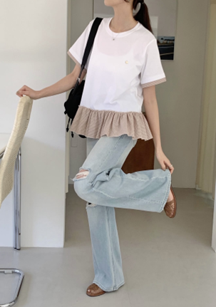 YD029 REFRESH 拼接格仔荷葉裙擺Tee