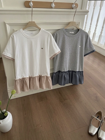 YD029 REFRESH 拼接格仔荷葉裙擺Tee