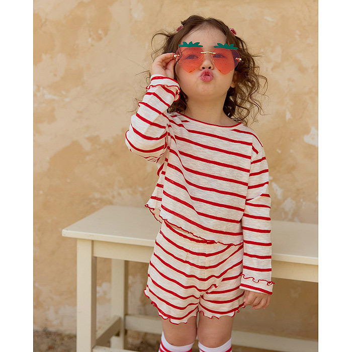 正韓夏UEO 兩色捲邊條紋套裝