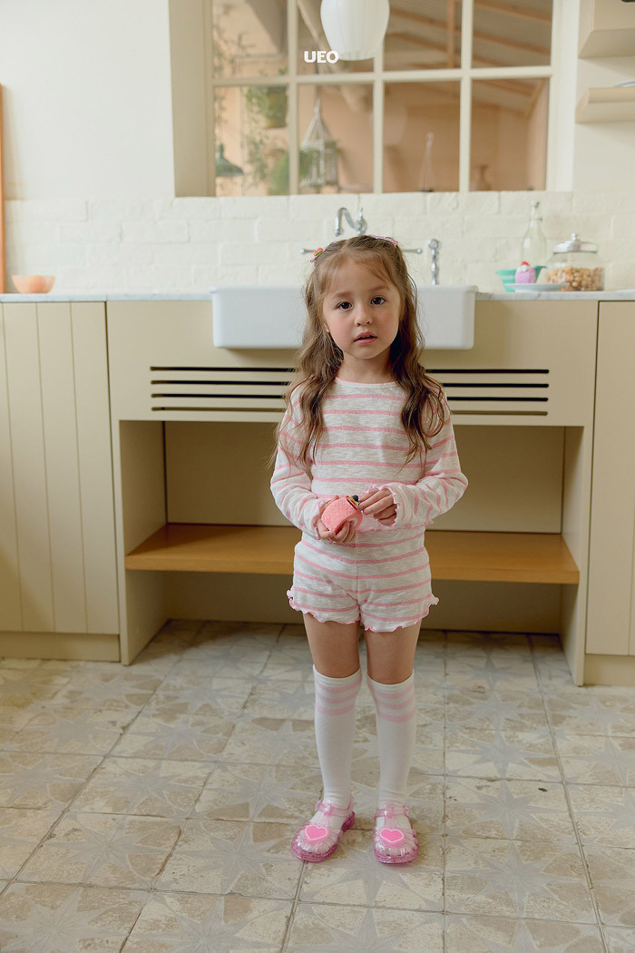 正韓夏UEO 兩色捲邊條紋套裝