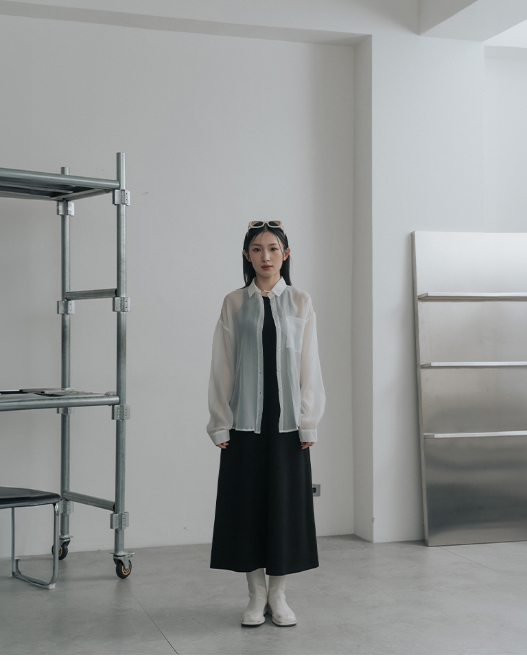 Sheer single-pocket pleated long-sleeved shirt - white【01025774】in stock+pre-order