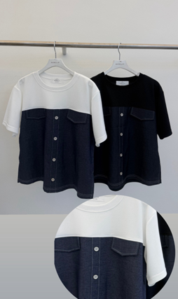 YD047 non-clip 假兩件風拼接牛仔襯衫TEE