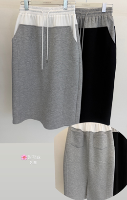 YD050 non-clip 拼色綁繩中長裙