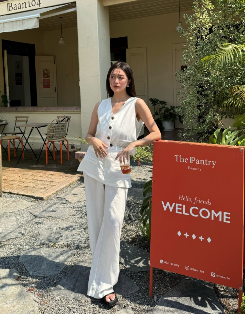 C1777-V領排釦背心+假兩件長褲SET