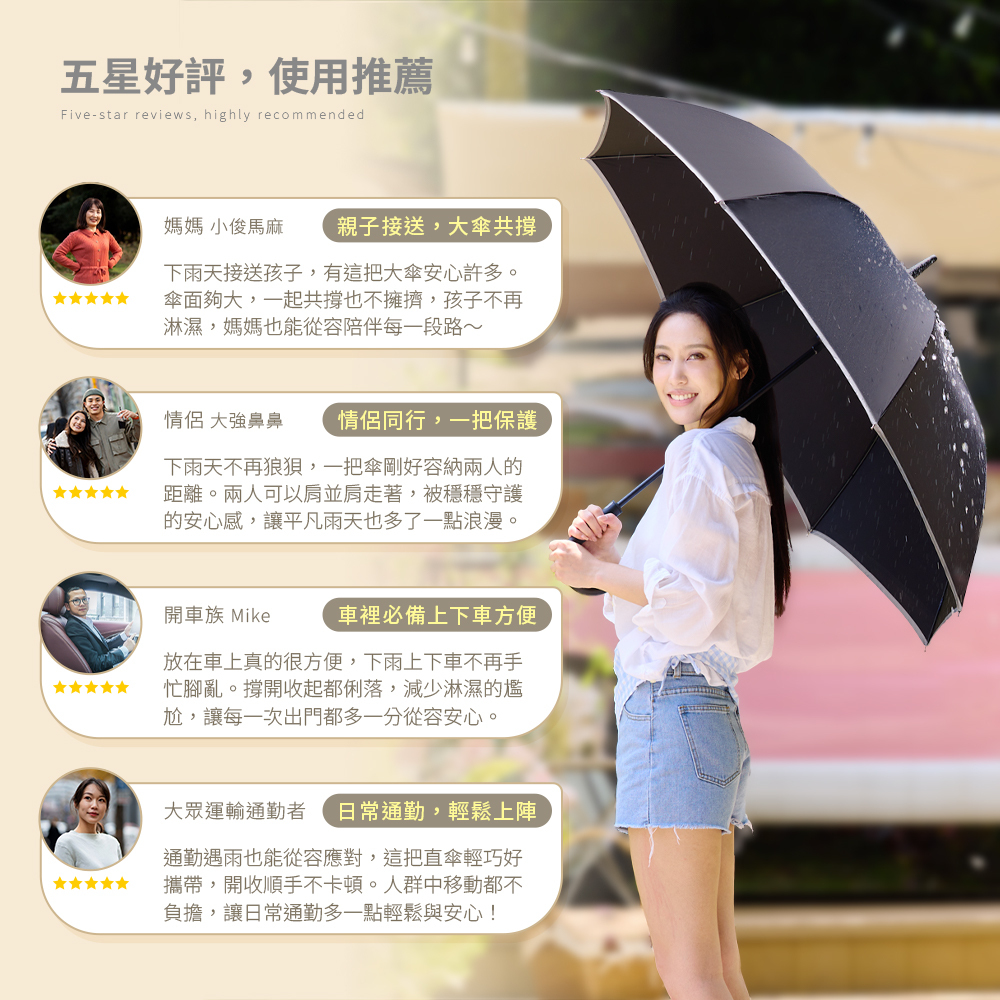雨之情大大防雷擊反光直傘獲得五星好評推薦,無論是親子接送、情侶同行或開車通勤,都是令人安心的雨傘。