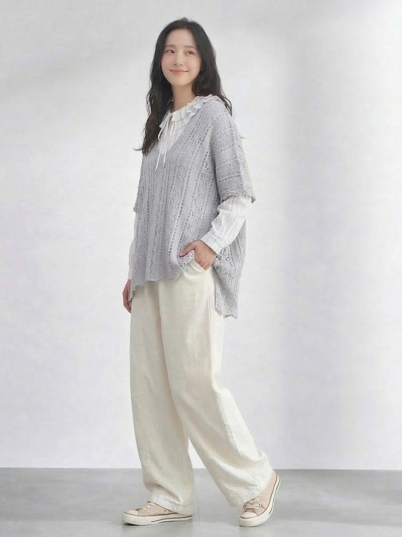 簍空針織罩衫荷葉領壓皺襯衫配釦剪接寬褲組合