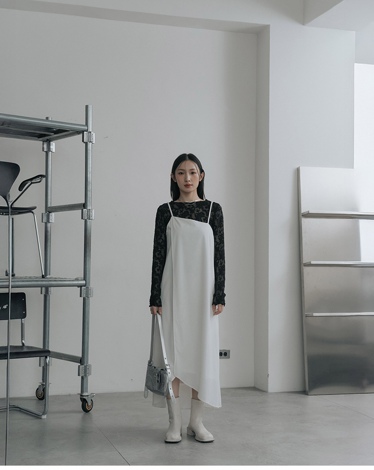 Asymmetrical cut, spaghetti strap long dress - off-white【01087302】in stock+pre-order