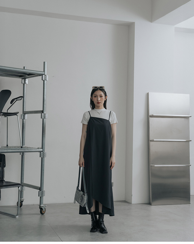 Asymmetrical cut, spaghetti strap long dress - dark gray【01087303】in stock+pre-order