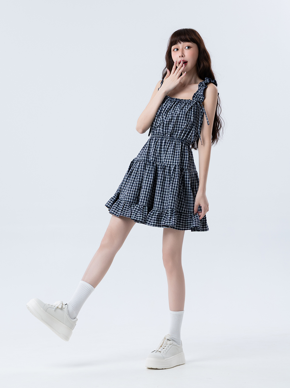 格紋吊帶荷葉無袖洋裝-深藍